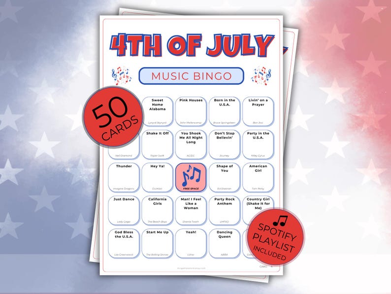 4th of July Music Bingo, Patriotic Party Game, 50 Printable Cards, Digital Download for Independence Day Fun