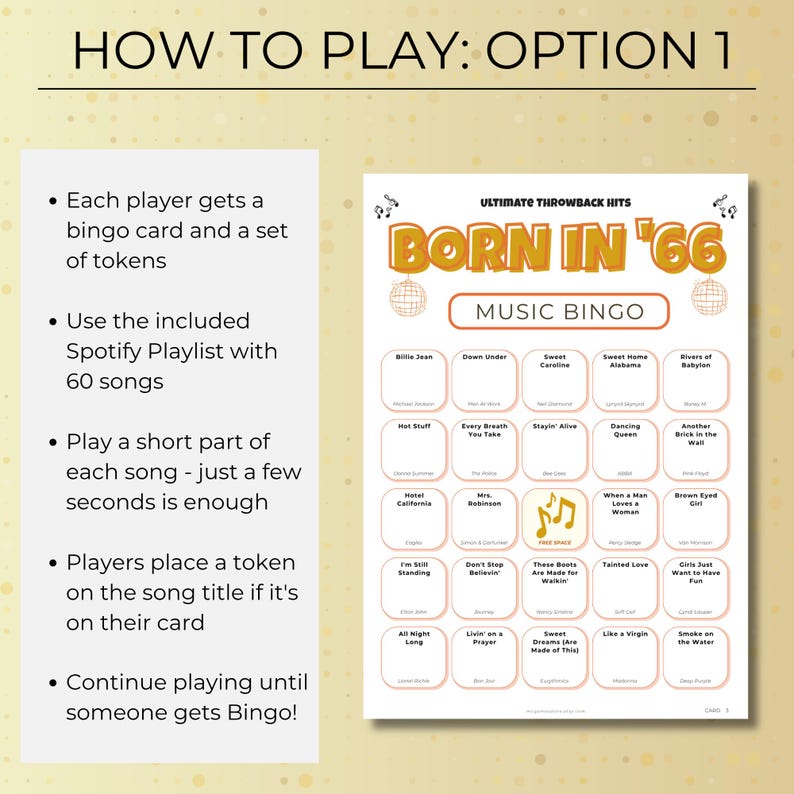 Born in 1966 Music Bingo, 200 Cards 60th Birthday Party Game, Golden Oldies, Retro Music Bingo with Spotify Playlist