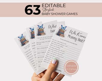 Storybook Baby Shower Game Bundle, Printable Book Theme Games, Editable Activities for Baby Shower Fun, Blue Butterfly BS05
