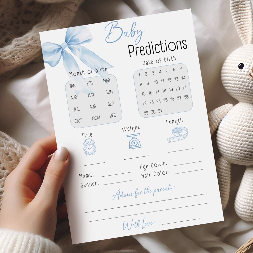 Blue Bow Baby Shower Predictions and Advice Cards, Editable Game for ...