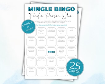 Bingo Cards Printable for Get to Know You Icebreaker Game, 25 Cards, Editable Fun Team Building Activity, Digital Download
