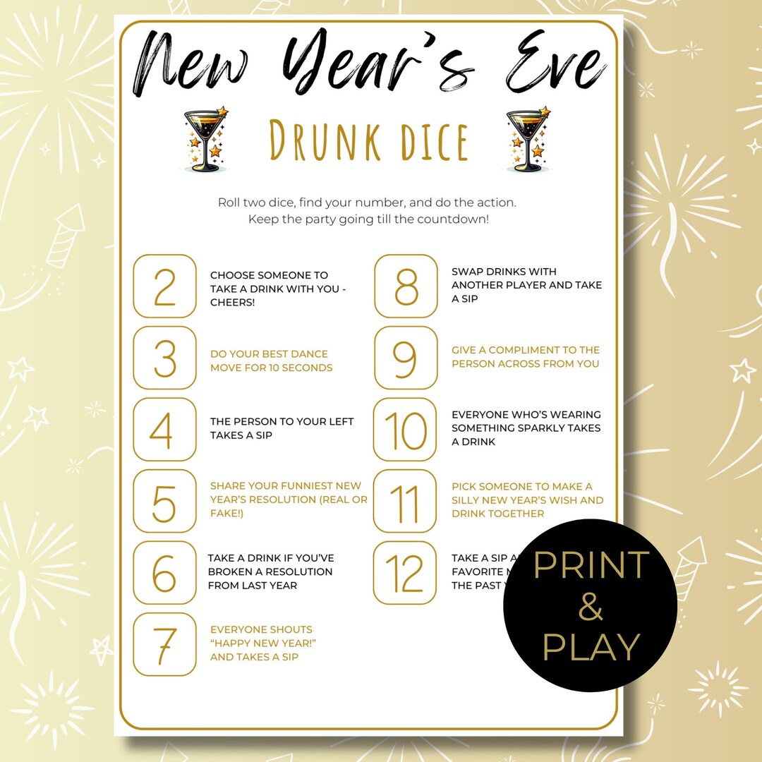 New Years Eve Drinking Dice Game Printable, Fun NYE Adult Game With Two ...