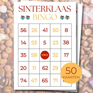 Puede incluir: Una tarjeta de juego de Bingo Sinterklaas impresa con una cuadrícula de números y la palabra "VRIJ" en el centro. La tarjeta presenta el texto "SINTERKLAAS BINGO" en la parte superior, junto con iconos de cajas de regalo. Una pegatina circular indica "50 KAARTEN".