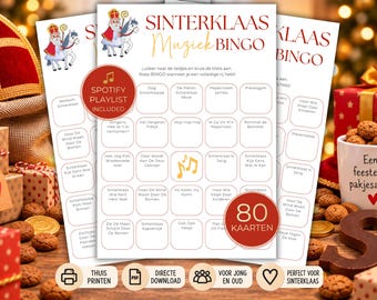 Bingo musical de Sinterklaas, 80 tarjetas con lista de reproducción de Spotify, juego imprimible para fiestas holandesas, juego para fiestas de Pakjesavond, descarga instantánea.