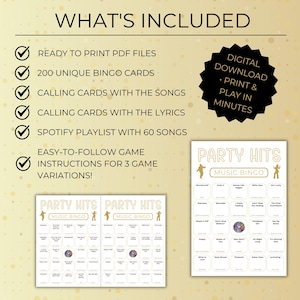What’s included in Party Hits Music Bingo printable, 200 unique bingo cards, calling cards, Spotify playlist, and game instructions.