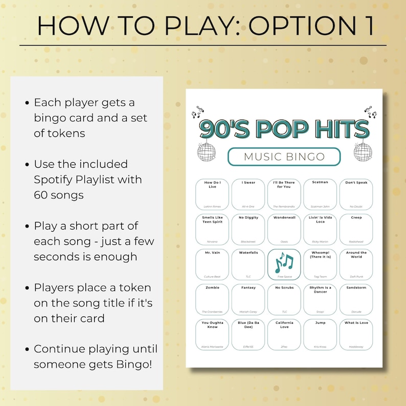90s Music Bingo: 50 Printable Cards, Exciting Party Game with Spotify Playlist, Instant Digital Download