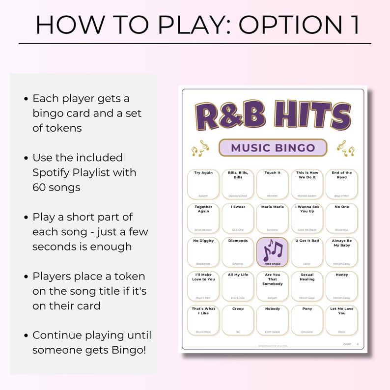 R&B Music Bingo, 100 Unique Cards with Spotify Playlist, Printable Party Game & Music Night Activity