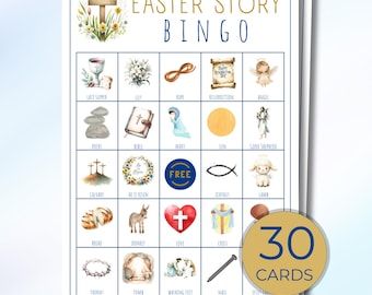 Bingo histoire de Pâques, 30 Bible religieuse imprimable, semaine sainte, crucifixion, résurrection, bingo chrétien