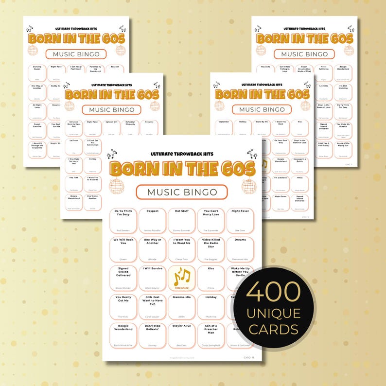Born in the 60s Music Bingo, 400 Cards Printable, 1960s Retro Party Game, Large Group Birthday Activity, Sportify Playlist, Instant Download