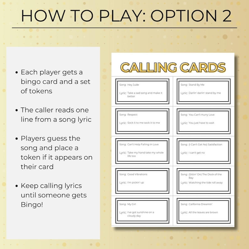 Music Bingo calling cards with song lyrics, Decades of Hits bingo game, interactive party game for groups and events