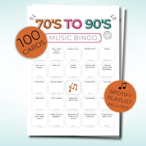 70s 80s 90s Music Bingo, Decades Bingo, Printable Game with 100 Cards, Spotify Playlist,  Family Reunion or Office Party