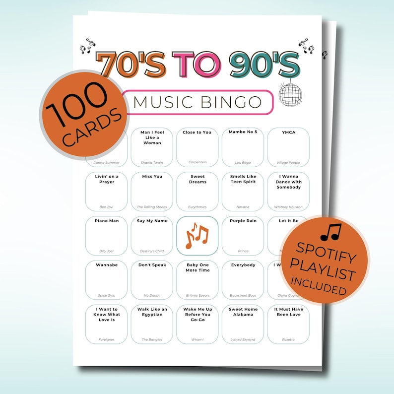 70s 80s 90s Music Bingo, Decades Bingo, Printable Game with 100 Cards, Spotify Playlist,  Family Reunion or Office Party