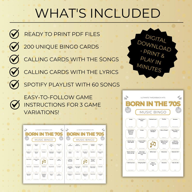 Born in the 70s Music Bingo Printable, 200 Cards 50th Birthday Party Game, Retro 1970s Activities, Spotify Playlist, Instant Download