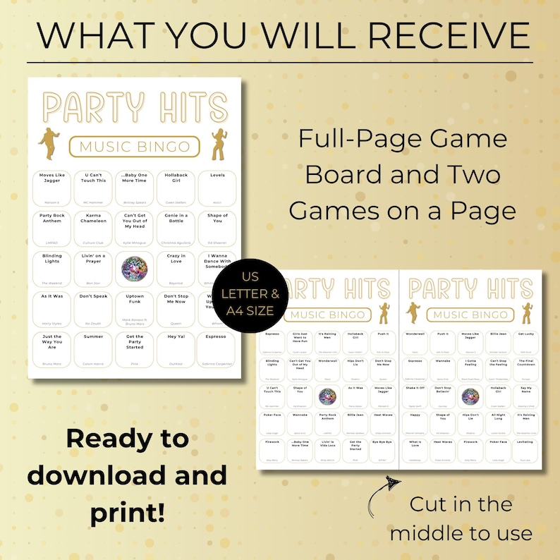 Party Hits Music Bingo printable files including full-page game boards and two bingo games per page, ready to download and print.