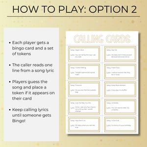 How to play music bingo option 2 with lyric calling cards where players guess the song from a lyric line.