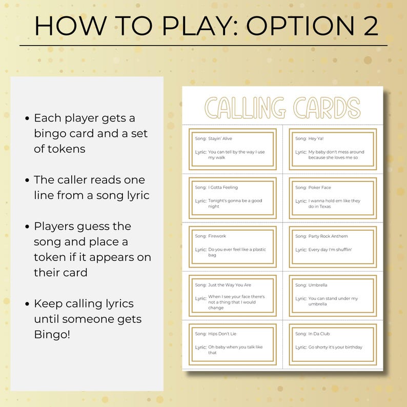 How to play music bingo option 2 with lyric calling cards where players guess the song from a lyric line.