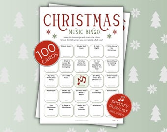Bingo musical de Noël, 100 cartes imprimables uniques, jeu de société amusant pour la famille, les amis et le bureau, liste de lecture Spotify, téléchargement numérique