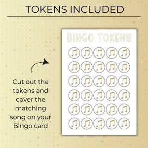 Printable bingo tokens included with custom music bingo, featuring music note designs to mark songs on bingo cards.