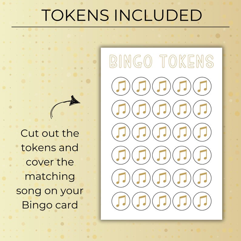 Printable bingo tokens included with custom music bingo, featuring music note designs to mark songs on bingo cards.