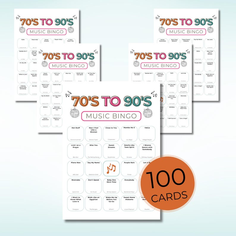 70s 80s 90s Music Bingo, Decades Bingo, Printable Game with 100 Cards, Spotify Playlist,  Family Reunion or Office Party