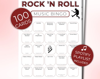 Rock and Roll Music Bingo, Printable Party Game, 100 Unique Cards, Instant Download, Fun Music Activity