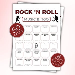 Puede incluir: Una hoja blanca de tarjetas de bingo de m&uacute;sica Rock 'N Roll con un c&iacute;rculo rojo que dice "50 TARJETAS". Las tarjetas de bingo incluyen t&iacute;tulos de canciones como "Bohemian Rhapsody" y "Proud Mary". Tambi&eacute;n es visible un c&iacute;rculo rojo con "Spotify Playlist Included".