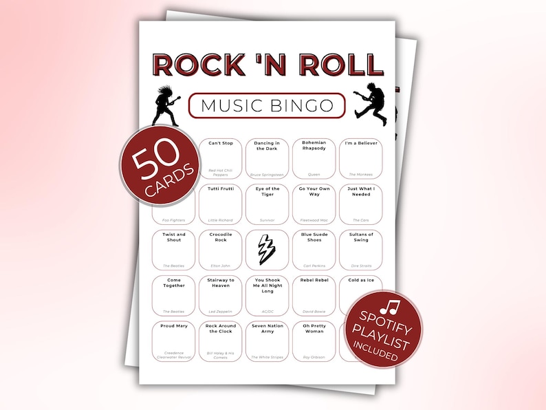 Puede incluir: Una hoja blanca de tarjetas de bingo de m&uacute;sica Rock 'N Roll con un c&iacute;rculo rojo que dice "50 TARJETAS". Las tarjetas de bingo incluyen t&iacute;tulos de canciones como "Bohemian Rhapsody" y "Proud Mary". Tambi&eacute;n es visible un c&iacute;rculo rojo con "Spotify Playlist Included".