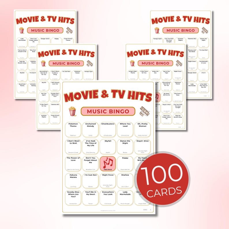 Movies & Shows Music Bingo, Fun Printable Game for Parties, 100 Bingo Cards + Spotify Playlist for Game Night