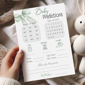 Cartes de prédiction et de conseils pour bébé avec noeud vert, jeu de baby shower imprimable non sexiste, téléchargement immédiat modèle BS11