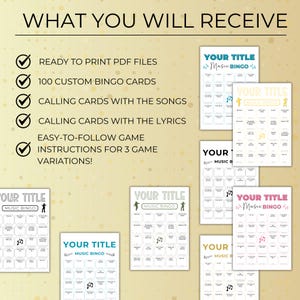 Overview of what you receive with custom music bingo, including 100 unique bingo cards, calling cards with songs and lyrics, and printable PDF files.v