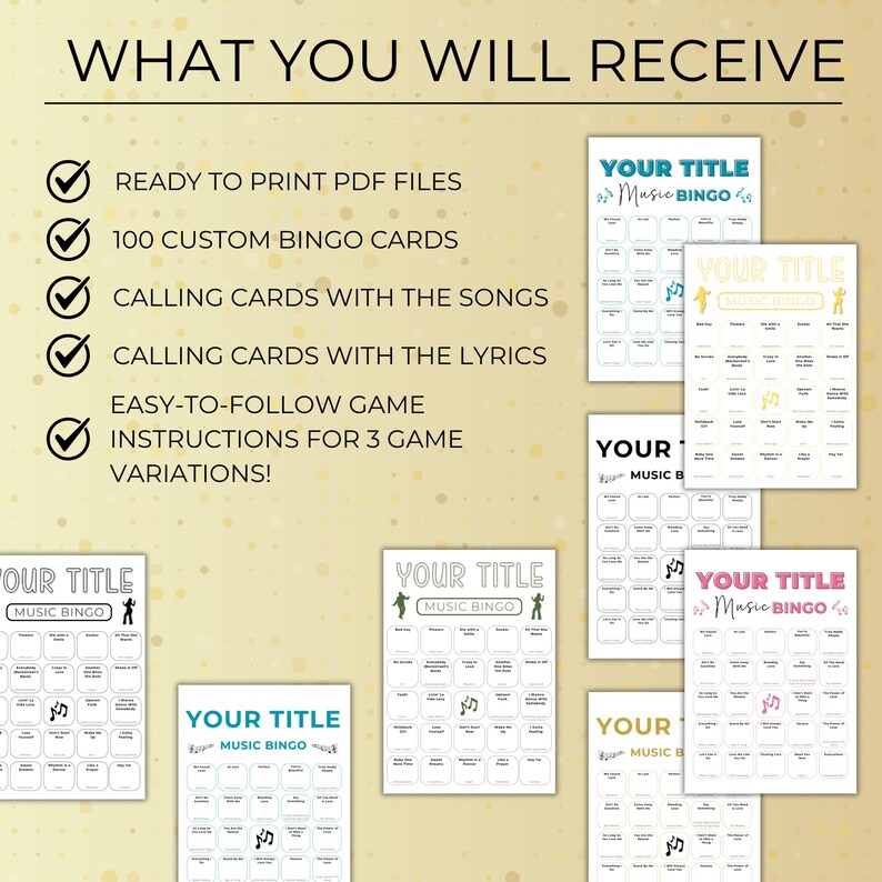 Overview of what you receive with custom music bingo, including 100 unique bingo cards, calling cards with songs and lyrics, and printable PDF files.v