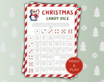 Kerstsnoep dobbelspel, afdrukbaar kerstfeestspel voor kinderen, klasactiviteit, vakantie familieplezier