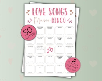 Love Songs Music Bingo Printable, Romantic Game with 50 Cards + Spotify Playlist