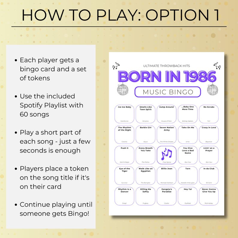 Born in 1986 Music Bingo, 100 Cards 40th Birthday Party Game, Retro 80s Printable, Spotify Playlist, Instant Download