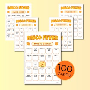 Disco Fever Music Bingo, 100 Cards Printable Retro Birthday Party Game, Family Game Night, Spotify Playlist