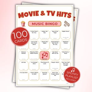 Movies & Shows Music Bingo, Fun Printable Game for Parties, 100 Bingo Cards + Spotify Playlist for Game Night
