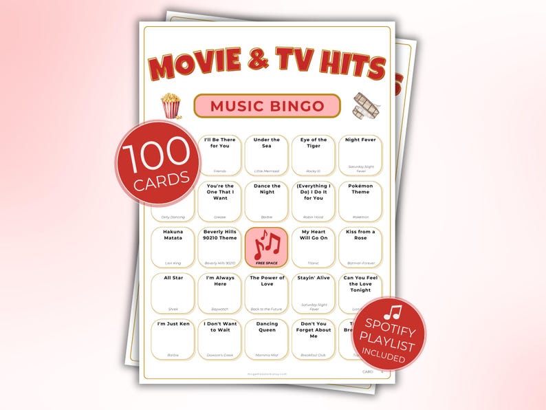 Movies & Shows Music Bingo, Fun Printable Game for Parties, 100 Bingo Cards + Spotify Playlist for Game Night