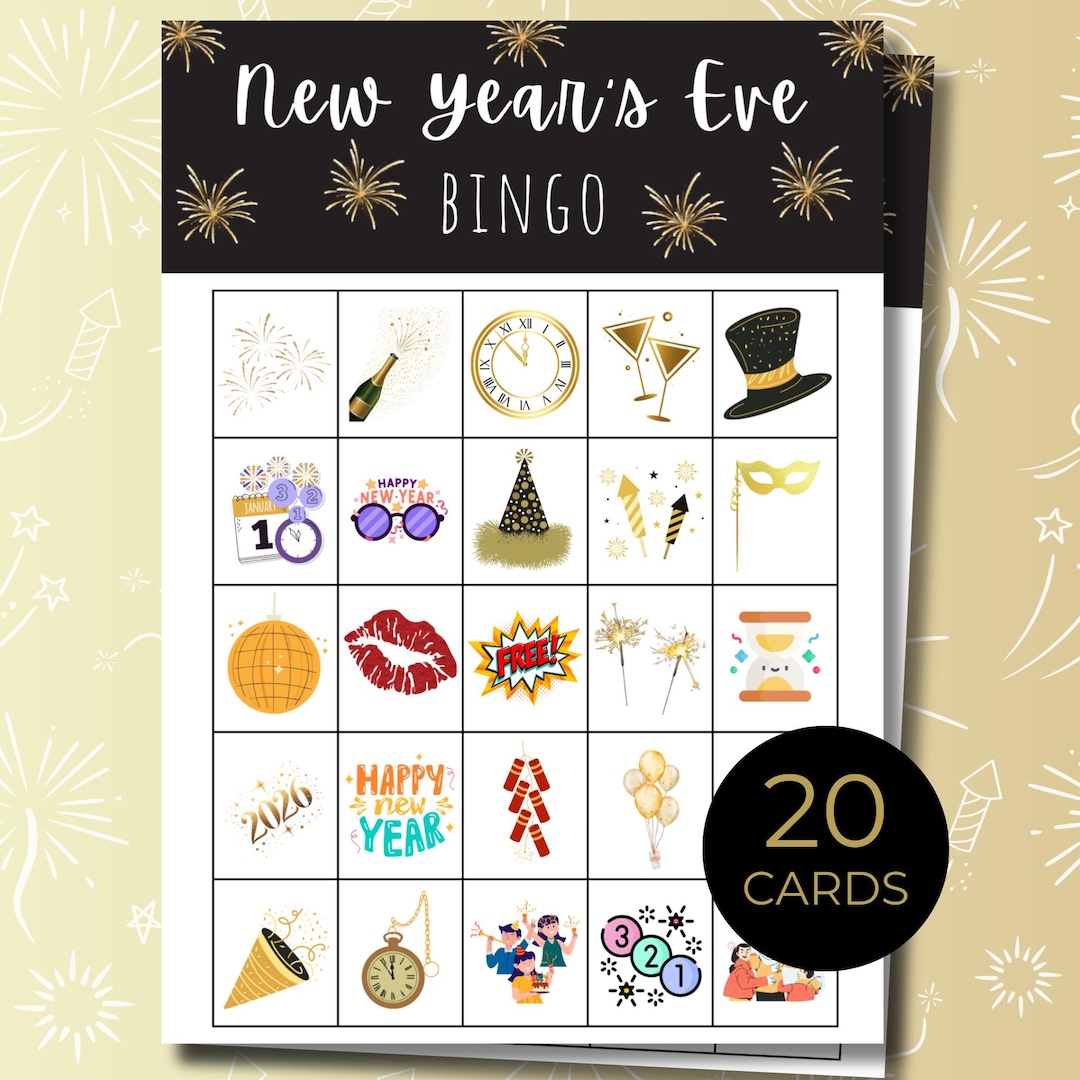 new year's eve bingo 2025, printable party game, 20 cards, nye