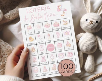Bilingual Baby Shower Bingo Girl, 100 Unique Cards, Spanish English Printable Game, Loteria de Bebé Niña