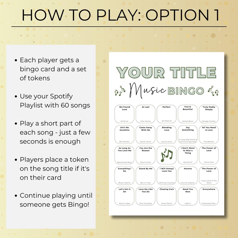 How to play music bingo option 1 using a Spotify playlist where players mark songs they hear on their bingo cards.