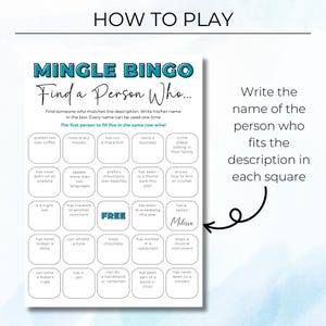 Example of how to play Mingle Bingo, writing names in the squares to complete the bingo game