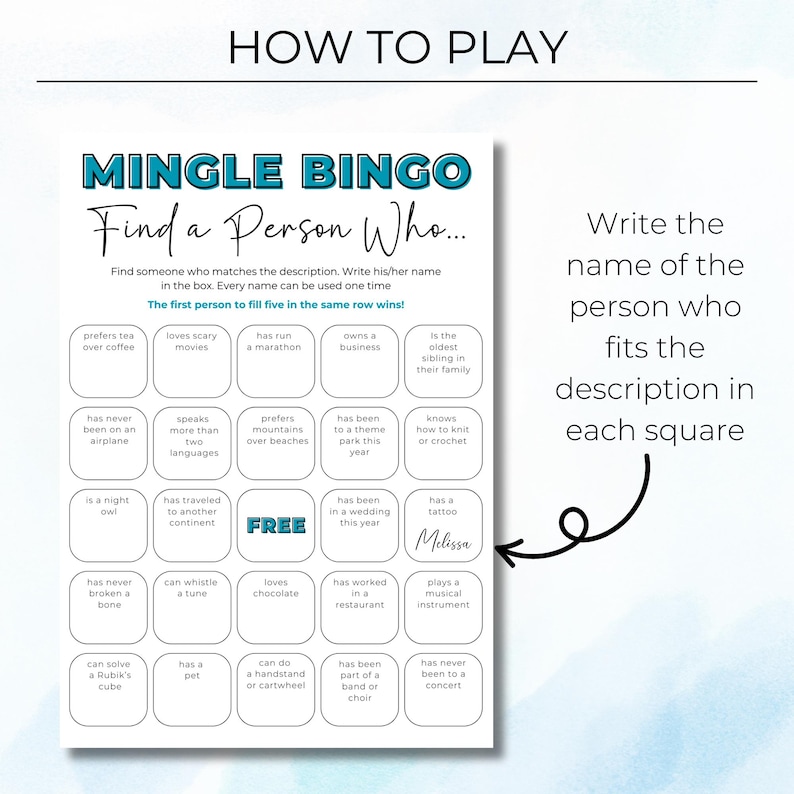 Example of how to play Mingle Bingo, writing names in the squares to complete the bingo game