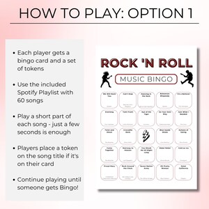 May include: A Rock 'N Roll Music Bingo game with a white background. The game includes a bingo card with song titles and instructions on how to play. The text "How to Play: Option 1" is at the top.