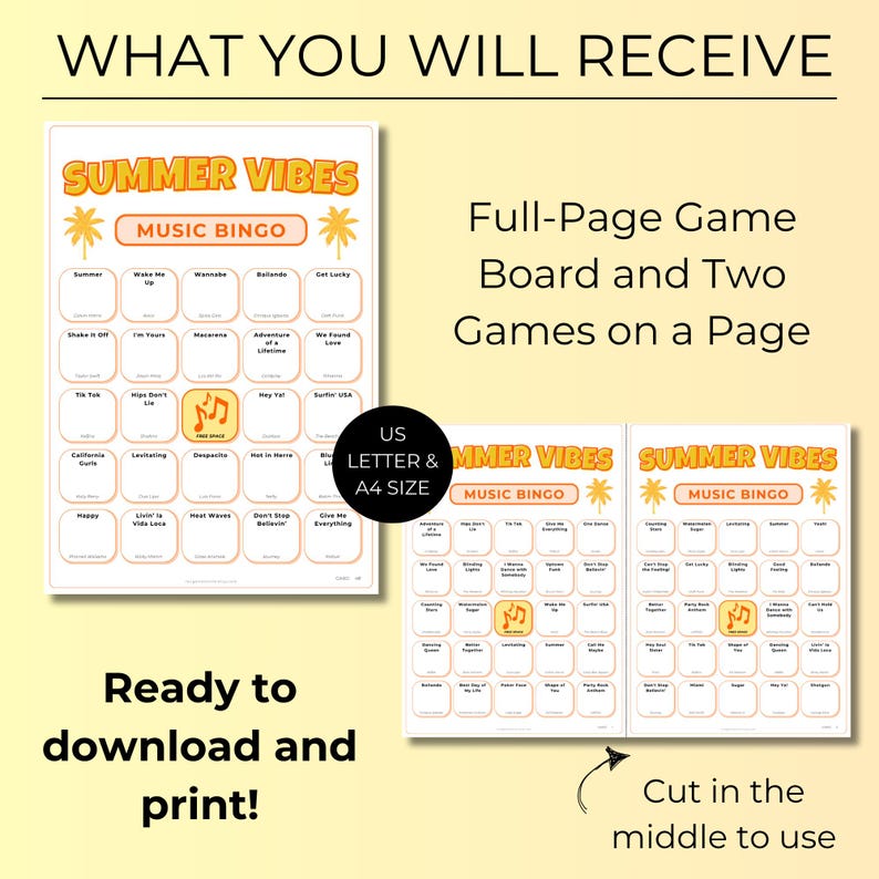 Summer Hits Music Bingo, Fun Printable Game, 200 Cards for Pool Parties, BBQs, and Family Gatherings, Spotify Playlist, Instant Download