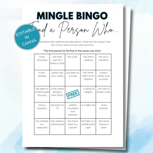 Editable Mix and Mingle Bingo - Printable Ice Breaker Game with Get to Know You Questions, Workplace Bingo, Coworker Bingo for Parties