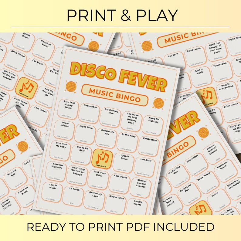 Disco Fever Music Bingo, 70s 80s Birthday Party Game with 200 Bingo Cards, Ladies Night, Instant Download with Spotify Playlist