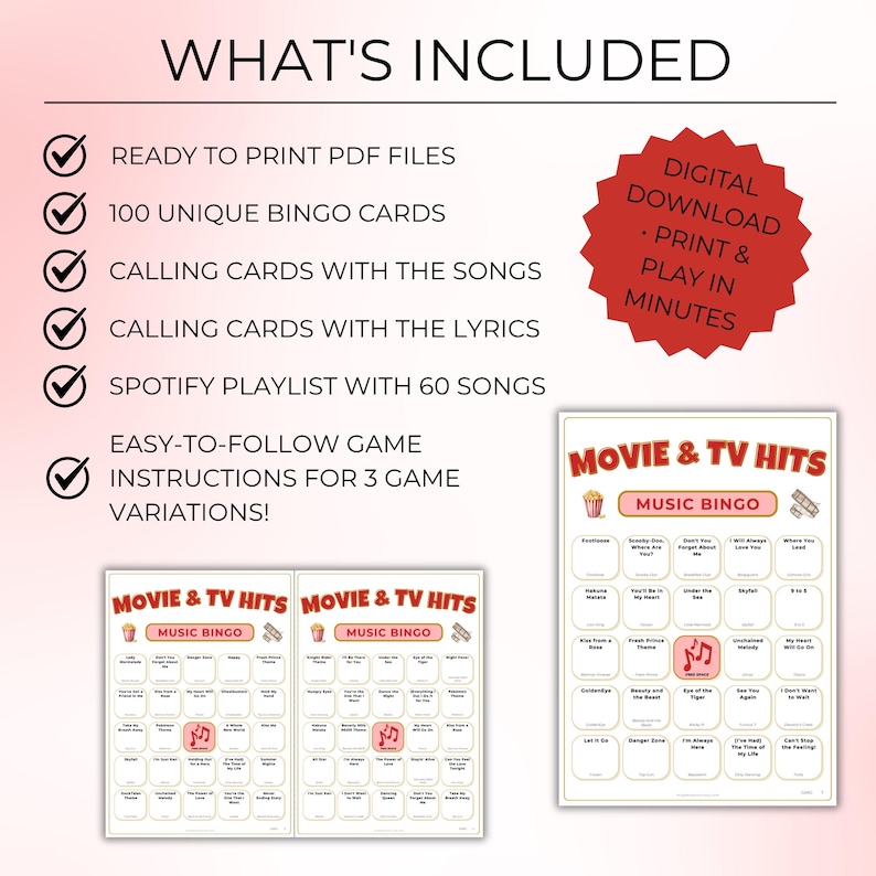 Movies & Shows Music Bingo, Fun Printable Game for Parties, 100 Bingo Cards + Spotify Playlist for Game Night