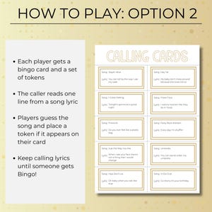 How to play Party Hits Music Bingo option two using lyric calling cards, players guess songs and mark matching titles.