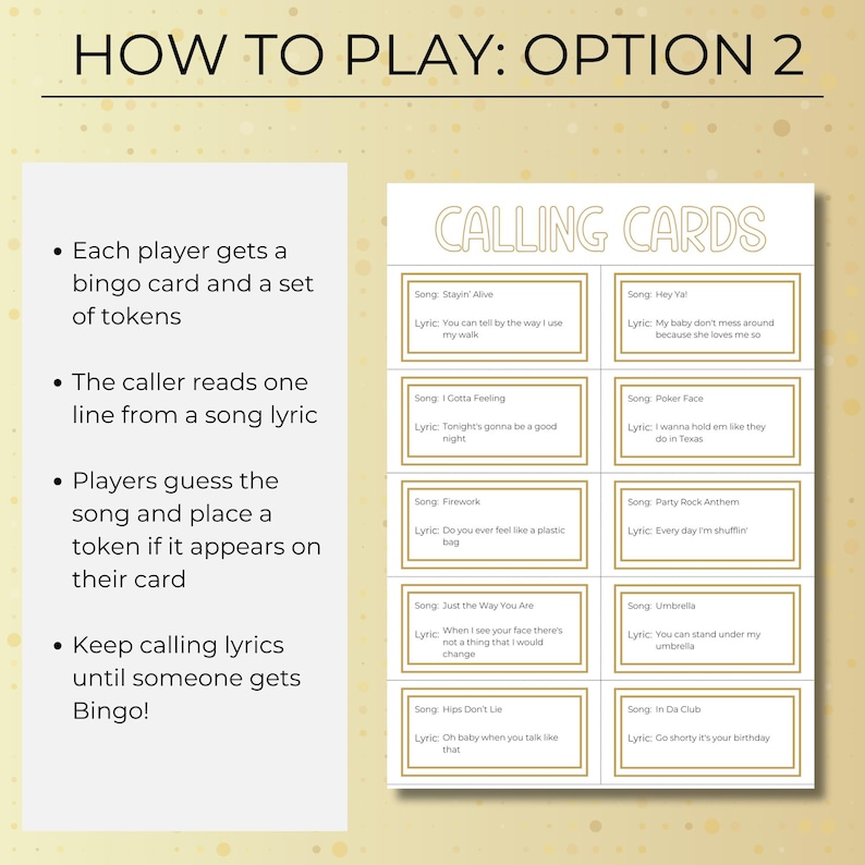 How to play Party Hits Music Bingo option two using lyric calling cards, players guess songs and mark matching titles.
