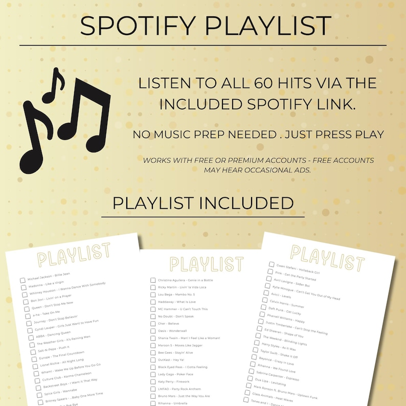 Spotify playlist included with Party Hits Music Bingo printable, featuring 60 popular party hits ready to play.